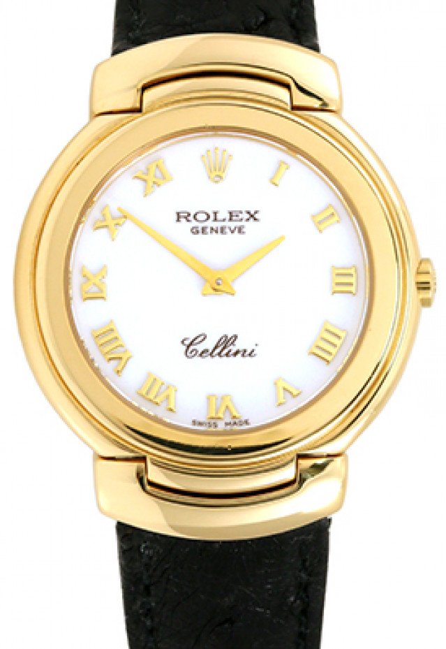 Rolex 6622 Yellow Gold on Strap, Fluted Bezel White with Gold Roman
